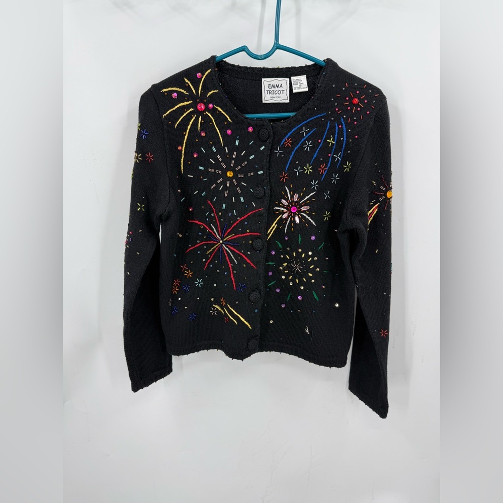 Emma Tricot vintage embroidered sequen bead "Firework" cardigan sweater. S